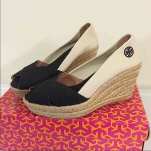 Tory Burch Black and Cream Wedge Espadrilles